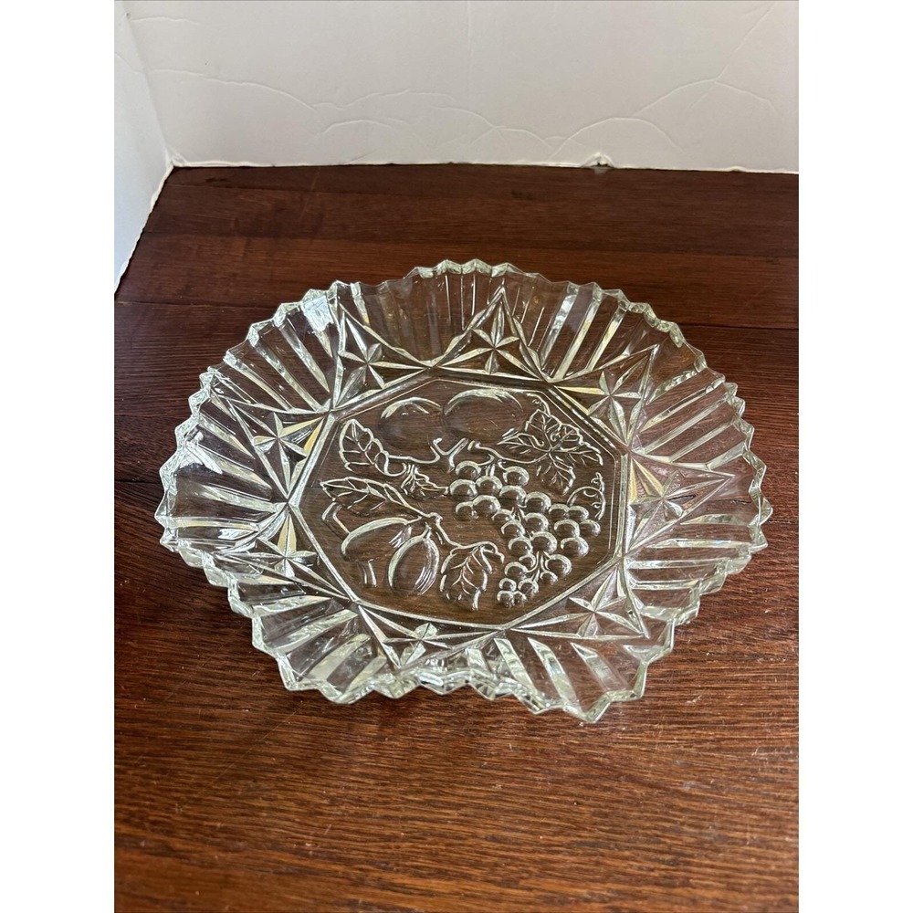 Vintage Federal Glass Pioneer Fruit Pattern Ruffled Clear Serving Bowl EAPG  11"